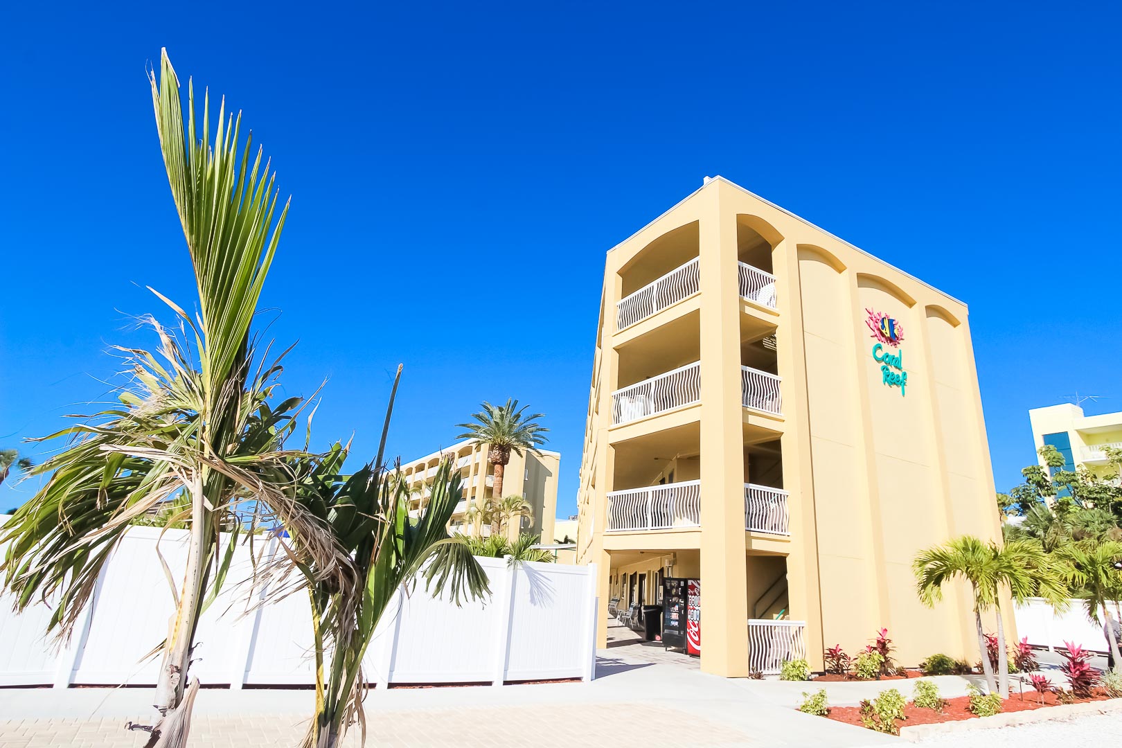 A view of the exterior building of VRI's Coral Reef Beach Resort in St. Pete Beach, Florida.